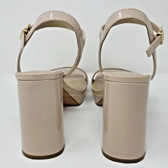Beige Nude Patent Platform Open Toe Block Heel Sandal Womens 8.5 Baddie Chunky - Picture 4 of 11